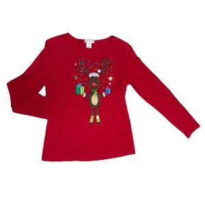 Rebecca Malone Reindeer Christmas Shirt Red Long Sleeve Embroidered Women's S